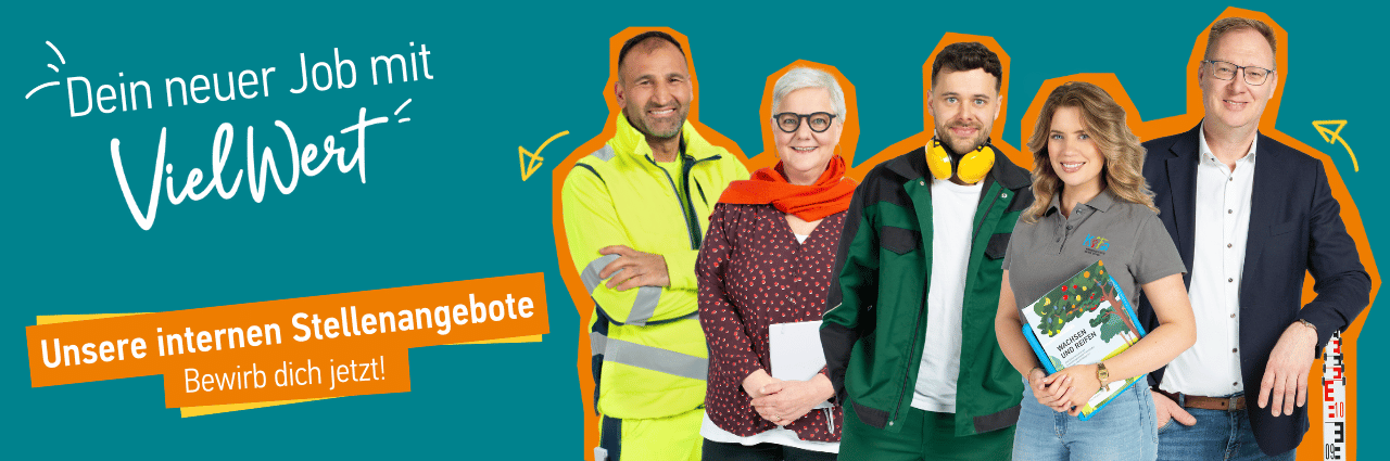 Eine Gruppe von diversenMitarbeitern 3 Männer unterschiedlicher Branchen und 2 Frauen auch unterschiedlicher Branchen vor petrolfarbendem Hintergrund. Dein Neuer Job mit Vielwert. Unsere internen Stellenangebote. Bewirb dich jetzt! 